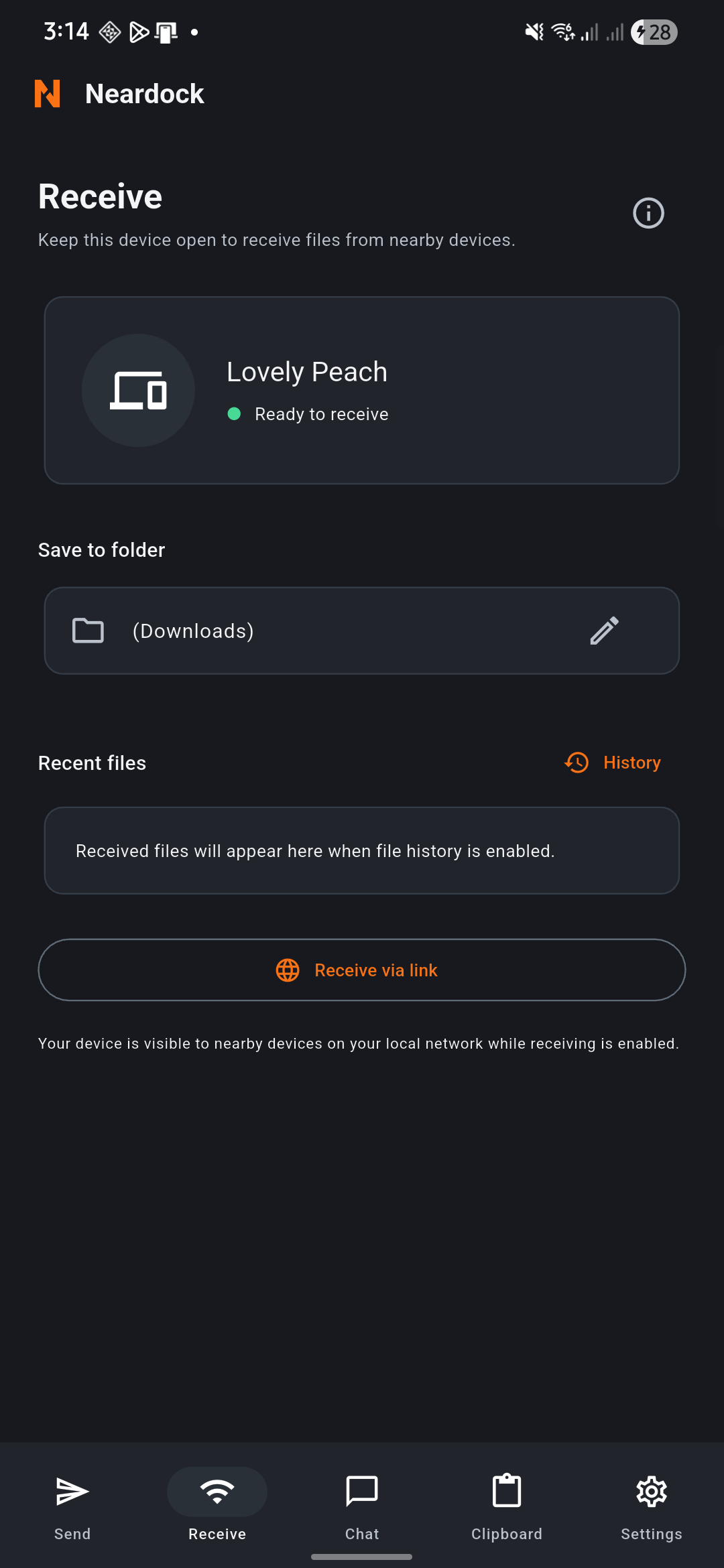 Neardock Receive screen running on an Android phone with five bottom navigation tabs