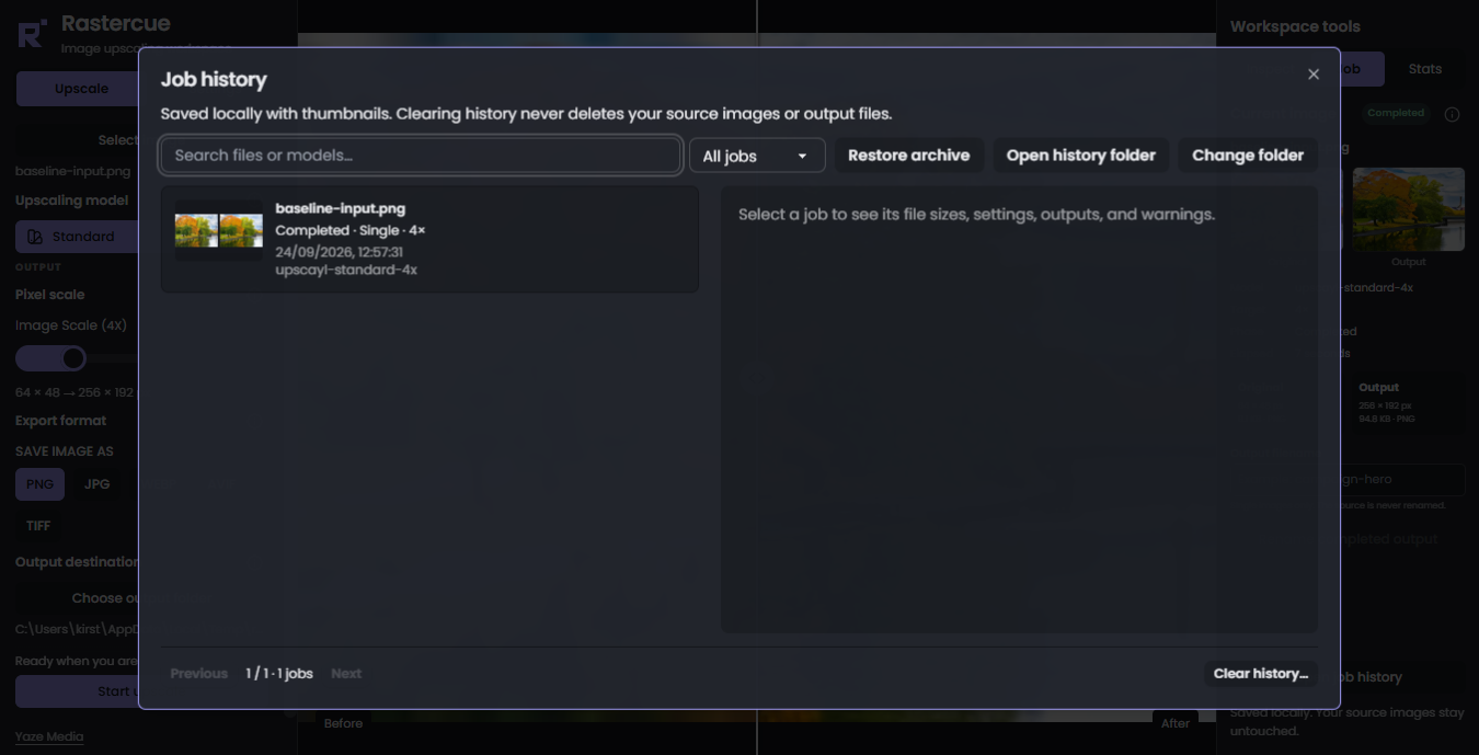Rastercue job history with undistorted source and output thumbnails