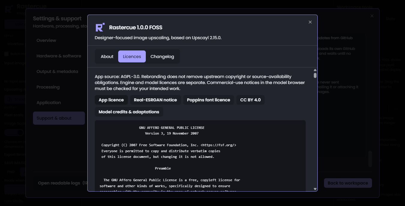 Rastercue licences window displaying complete scrollable licence text