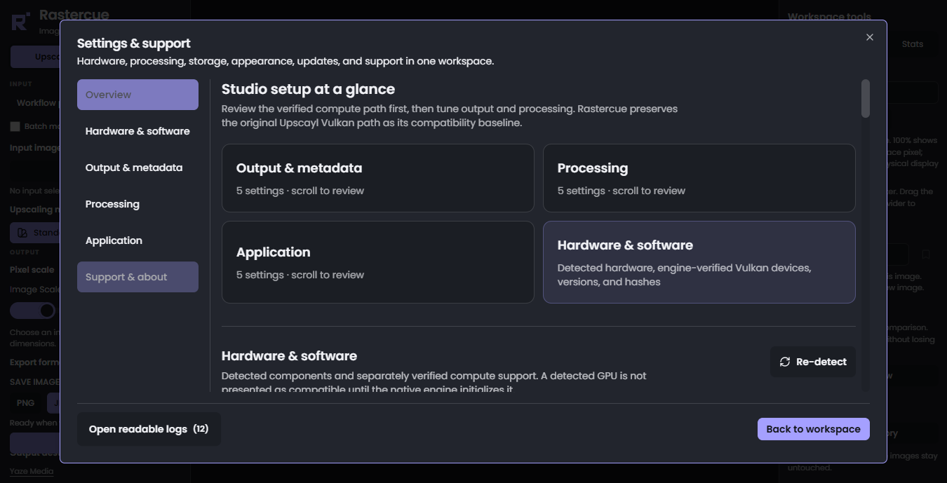 Rastercue settings with persistent side navigation and one scrollable content surface