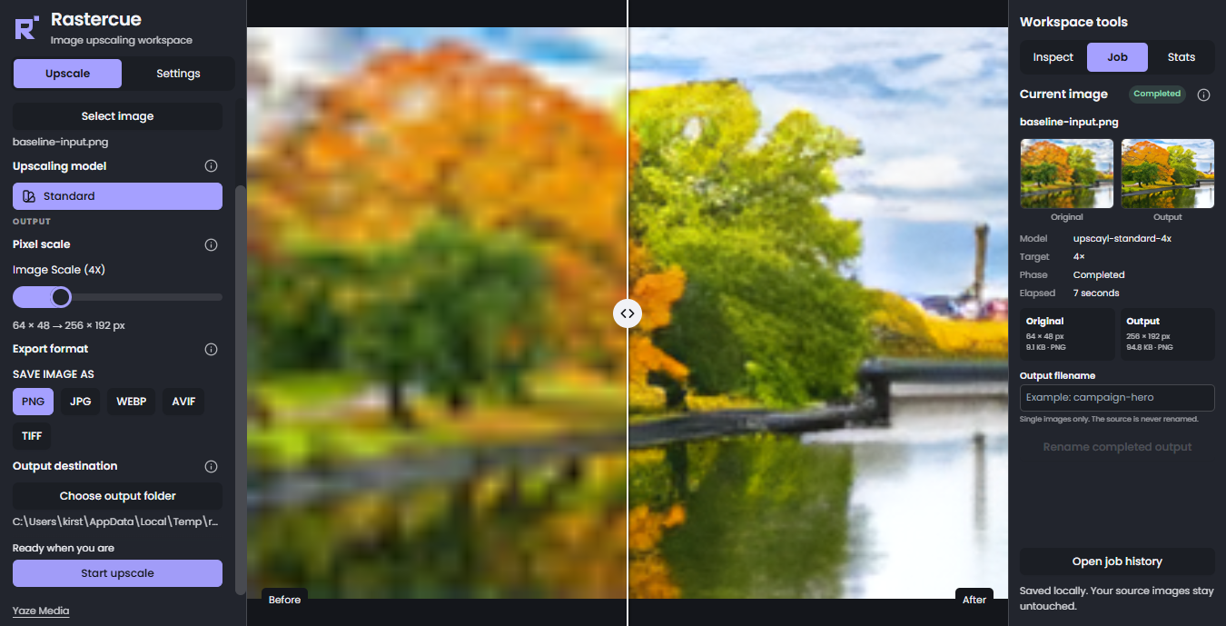 Rastercue dark three-column workspace with image controls, a central preview and a right-side job panel