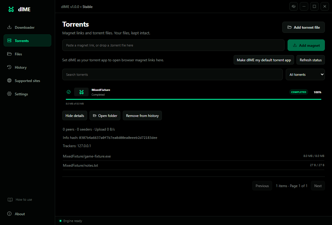 The real dlME Torrents workspace showing a completed selected-file download