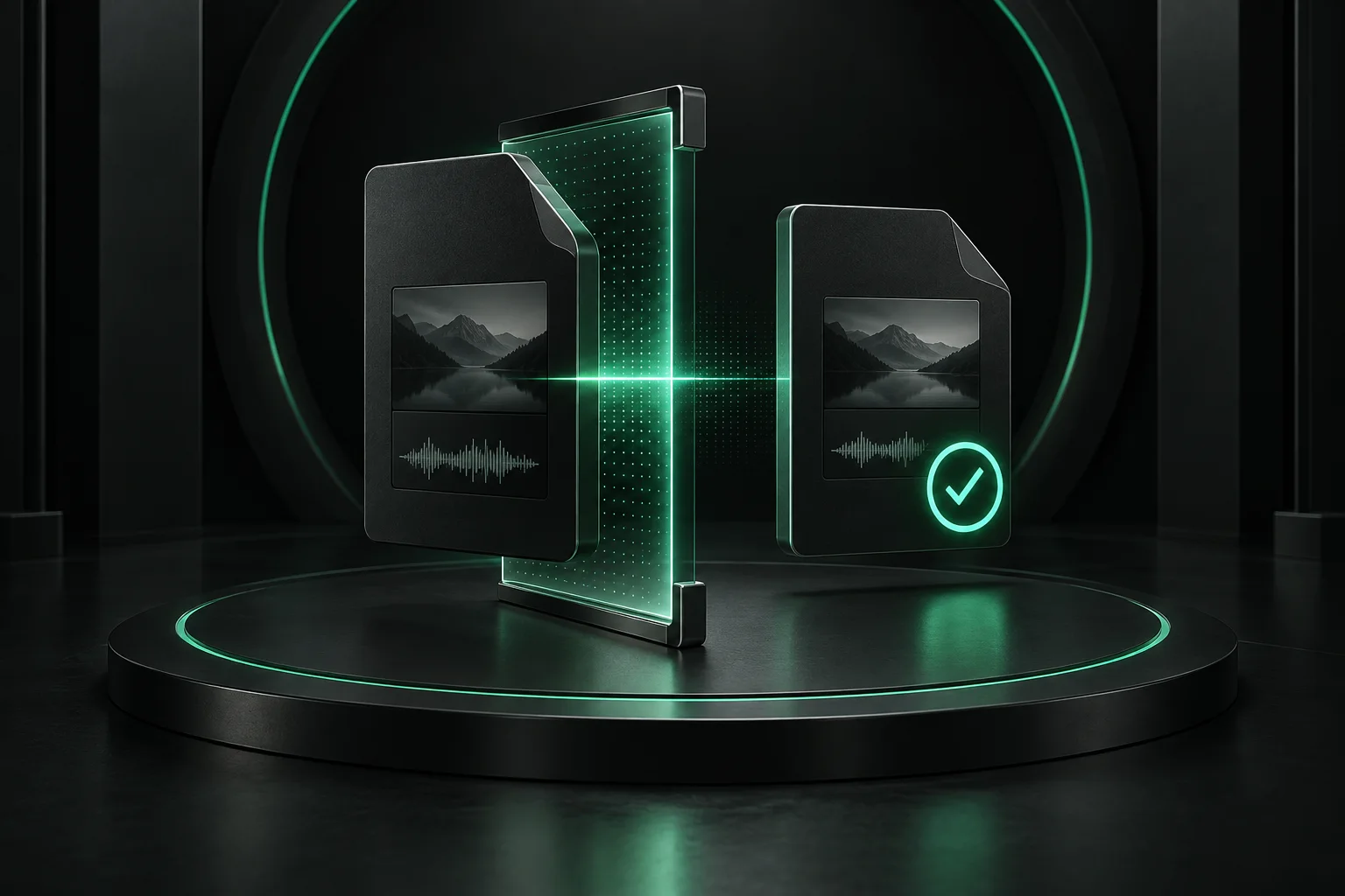 A finished media file passing through a precise verification scanner