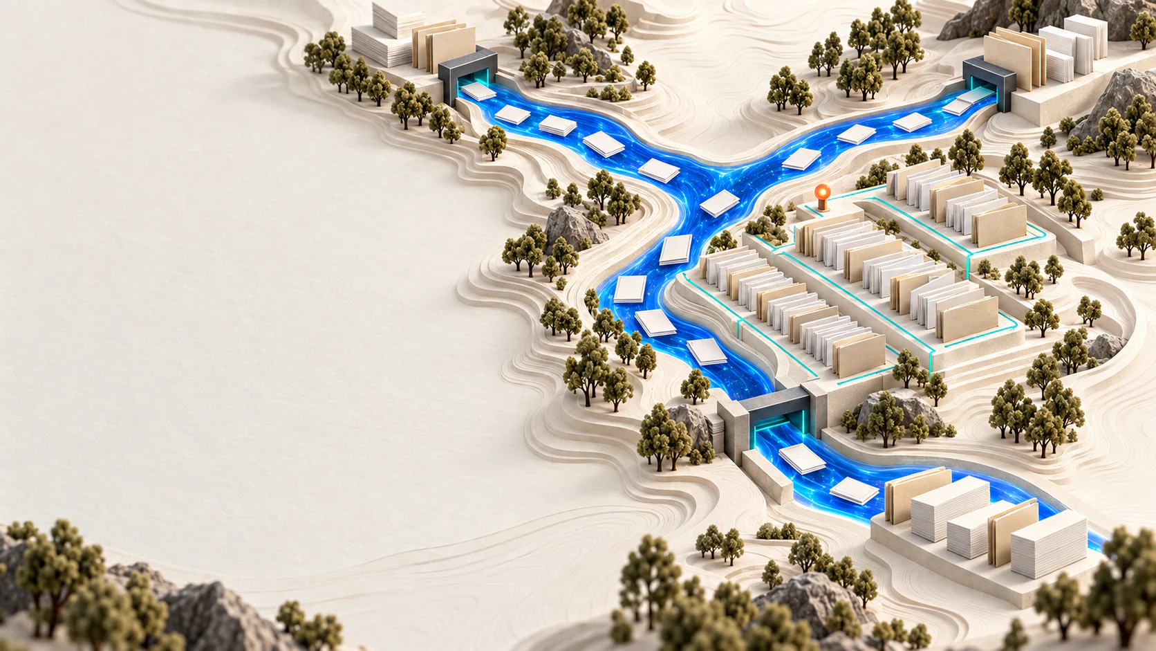 Orderly record terraces connected by a cobalt import and export river in a carved-paper landscape