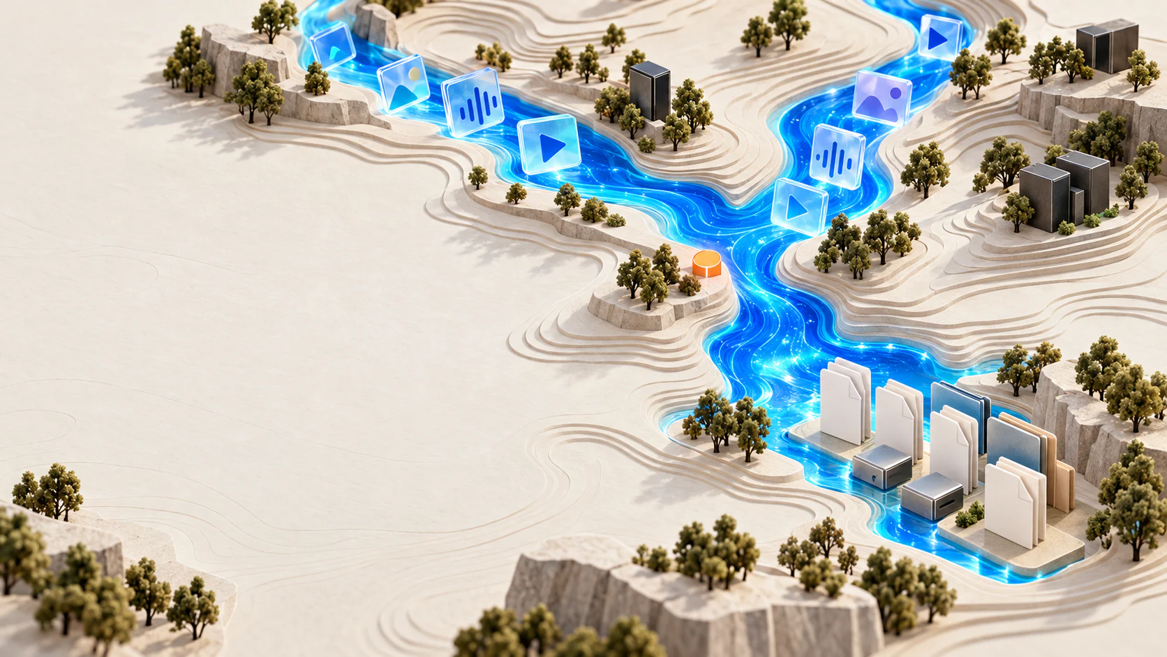 A carved-paper landscape where scattered media signals join a cobalt river and resolve into orderly local files