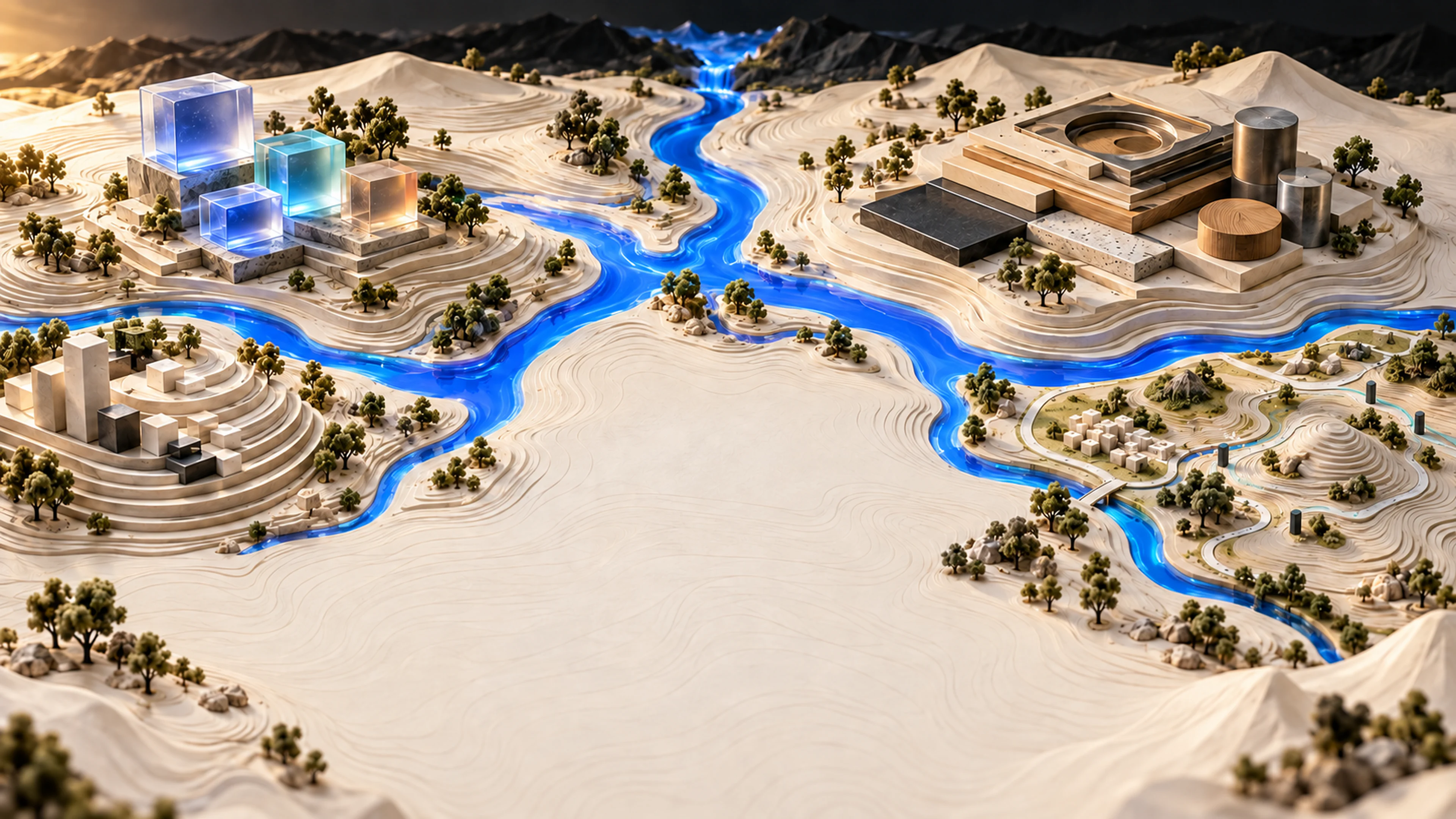 Conceptual Yaze Media product atlas connecting software workflows through a cobalt river