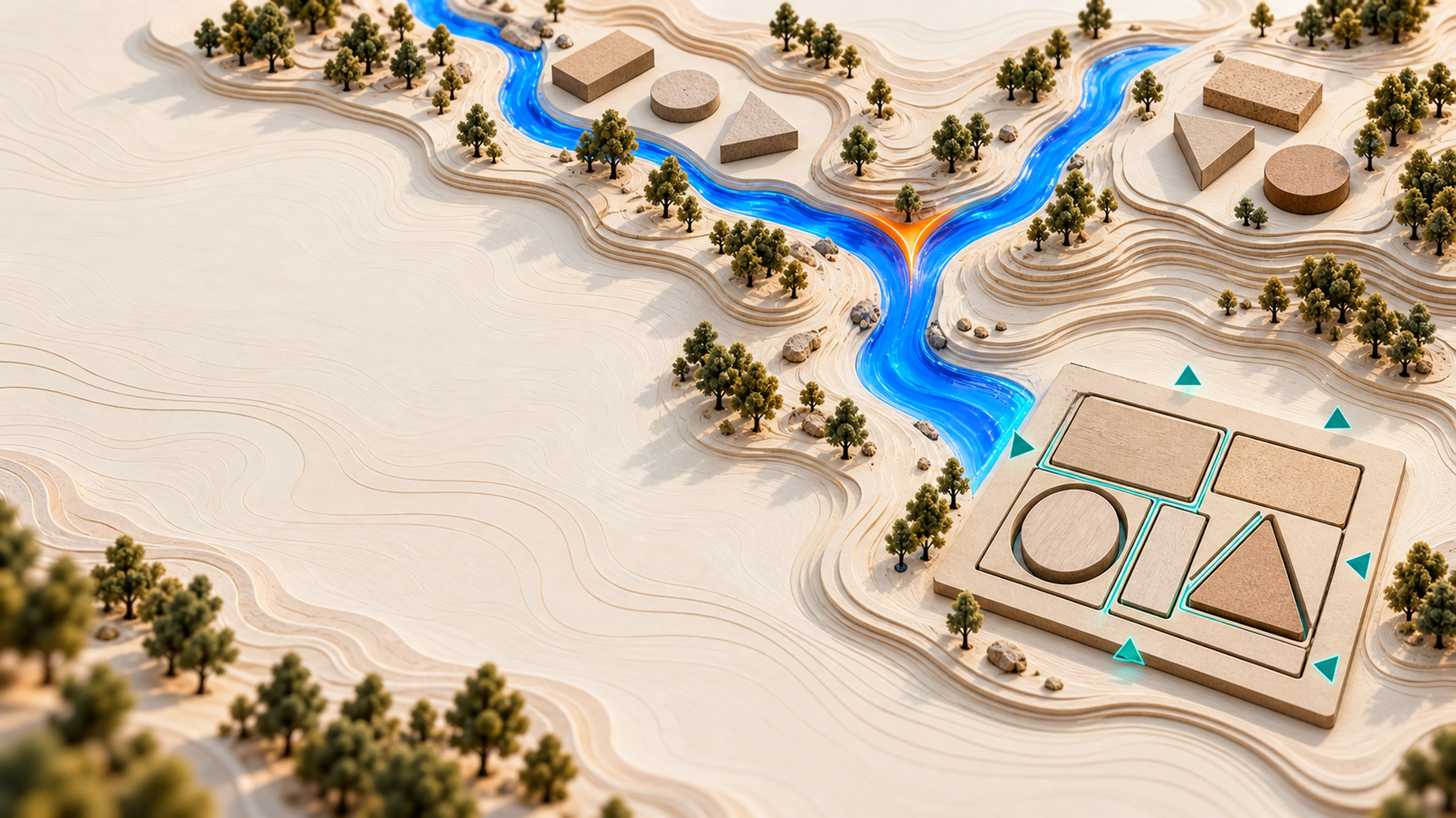 A layered material delta where loose geometric parts follow a cobalt river into a compact nesting arrangement