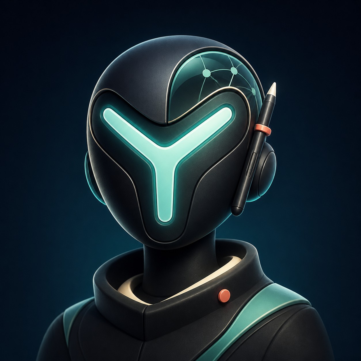 YazeKT brand avatar with a glowing Y visor