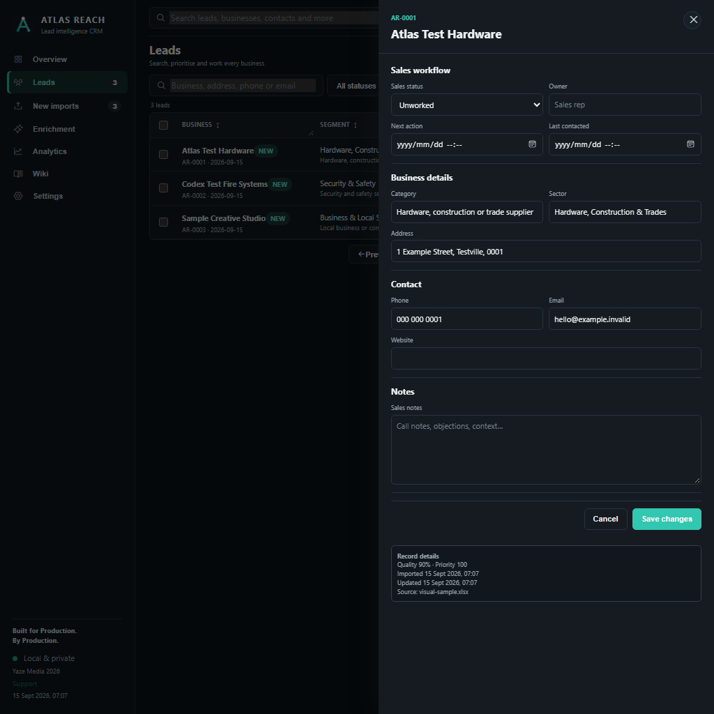 Atlas Reach dark interface showing the lead table and a detailed right-side lead editor using synthetic test data