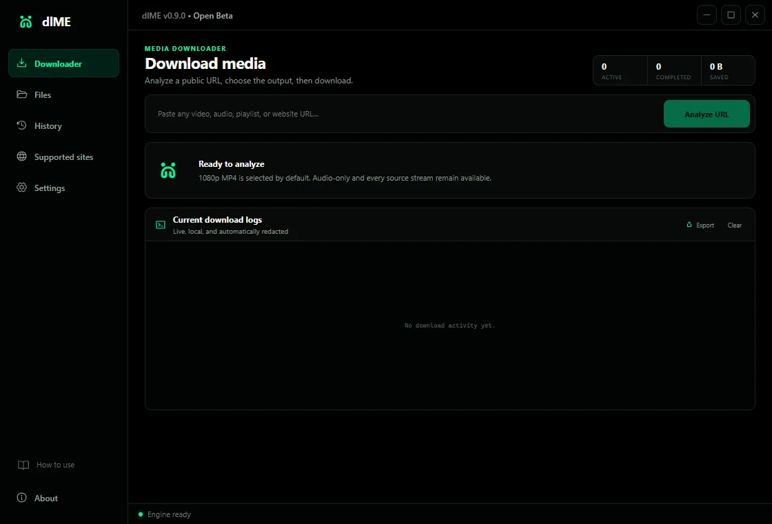 dlME dark desktop interface showing the downloader, files, history, supported sites, settings, and live log areas
