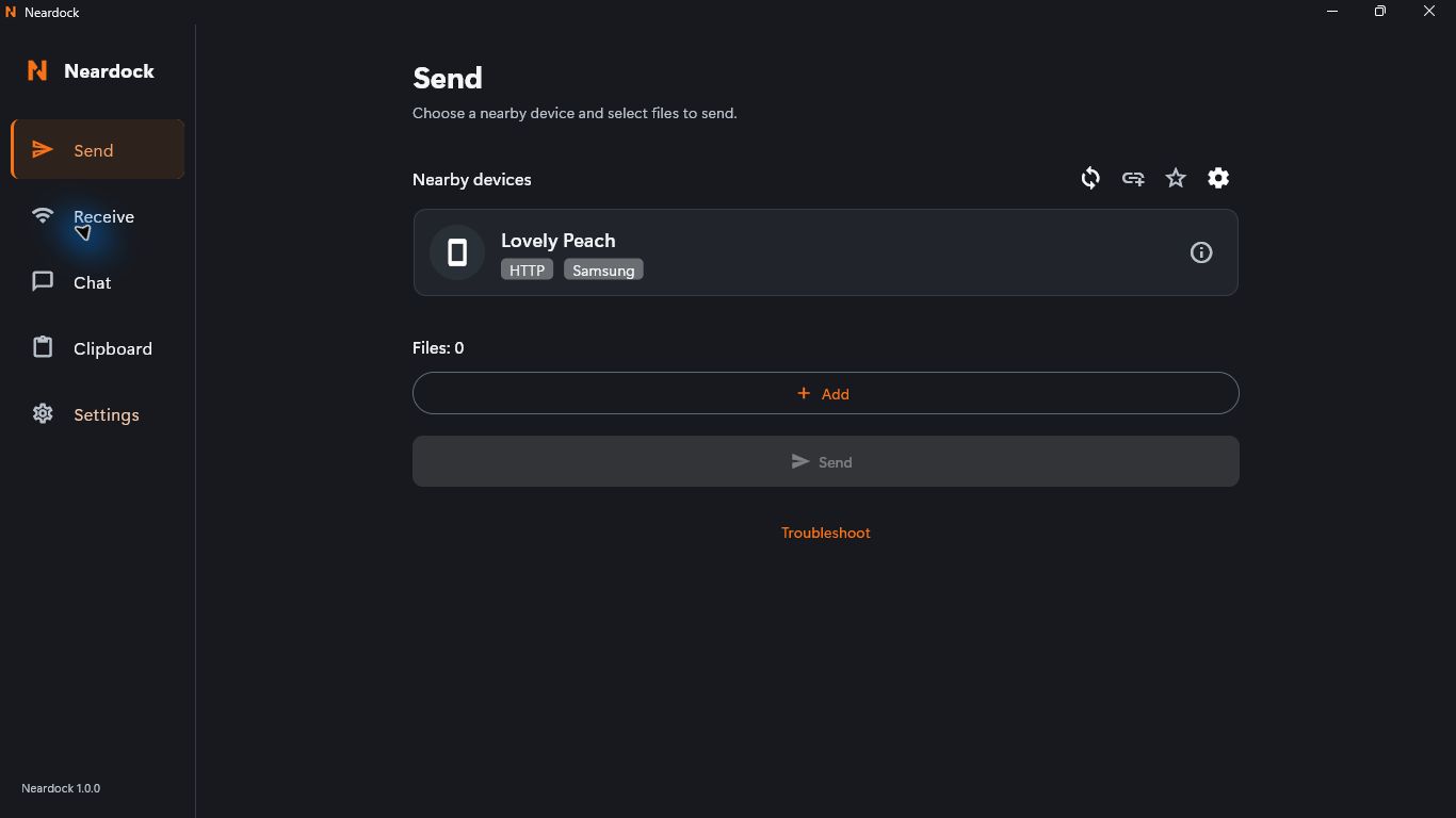 Neardock Send workspace showing a nearby device, file selection and navigation for Receive, Chat and Clipboard