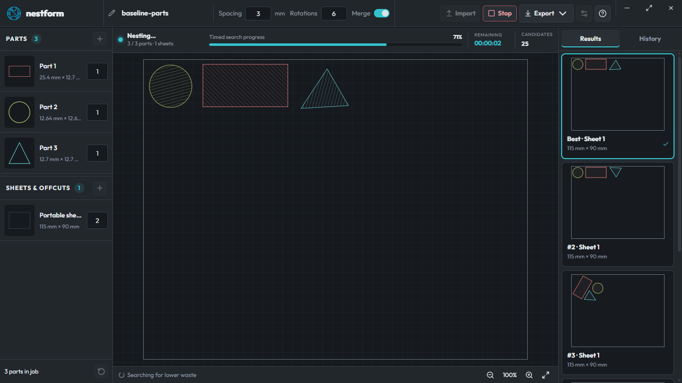 The real Nestform dark Workshop interface showing imported geometric parts, a compact nesting sheet, and visible job controls