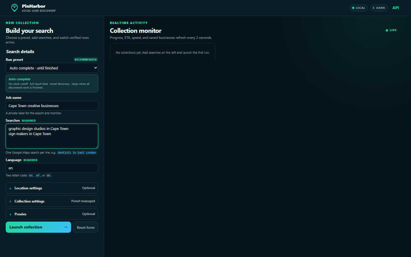 PinHarbor dark interface showing the new-collection form and realtime collection monitor with local status indicators