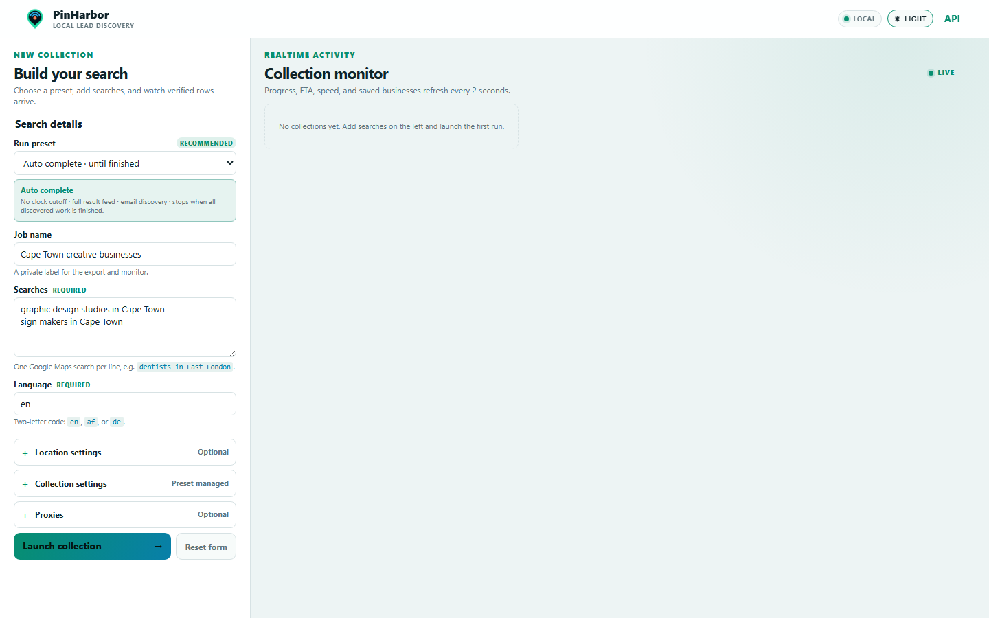 PinHarbor light interface showing the collection form, presets, optional settings, and realtime activity workspace
